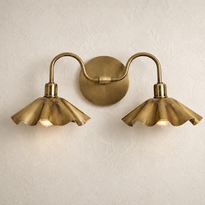 Handcrafted Brass Double Wall Sconce, Vintage Shade Vanity ,hardwire & plug-in