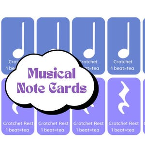 Peut inclure: Cartes de notes de musique avec des notes et des silences sur fond blanc. Les cartes ont un fond bleu avec des symboles musicaux et du texte blancs. Le texte comprend "Crotchet" et "Crotchet Rest".