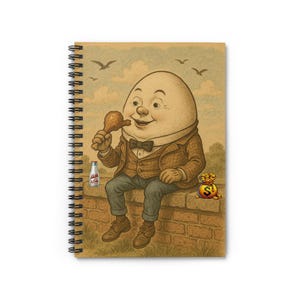 Op de afbeelding: Spiraalgebonden notitieboek met een grillige illustratie van Humpty Dumpty. Hij draagt een bruin pak, houdt een drumstick vast, met een fles melk en een zak gouden munten. De achtergrond toont een bakstenen muur, lucht en vogels.