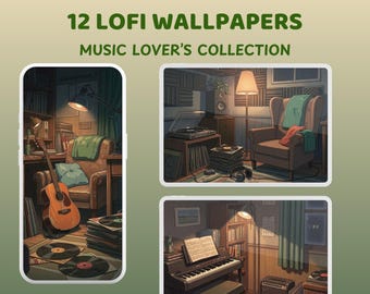 May include: Digital artwork showcasing three scenes with musical themes. The text at the top reads "12 Lofi Wallpapers" and "Music Lover's Collection". The scenes include a guitar, records, a piano, and a record player, all in warm, inviting settings.