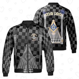 Freemason Bomber Jacket Masonic Custom Name Black Checkered All Over Print Gift for Masons