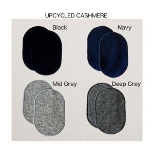Puede incluir: La imagen muestra cuatro pares de artículos de cachemira reciclada de forma ovalada en negro, azul marino, gris medio y gris oscuro. El texto "UPCYCLED CASHMERE" está en la parte superior, con los nombres de los colores debajo.