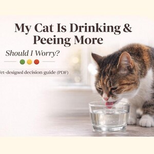 Può includere: Un gatto beve acqua da un bicchiere trasparente. Il testo recita: "Il mio gatto beve e fa pipì di più. Devo preoccuparmi?" e "Guida decisionale progettata da veterinari (PDF)". Il gatto ha il pelo marrone, bianco e arancione.