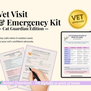 Kit di emergenza per gatti / Decodificatore dei sintomi, Pronto soccorso, Pianificatore delle visite dal veterinario e Scheda per la cura del gatto / Pacchetto stampabile approvato dal veterinario