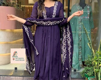 Fioletowy garnitur Salwar Kameez Raadymade, indyjski designerski stylowy komplet ze spodniami Kurti, bogaty haft Kurta Palazzo z designerską dupattą