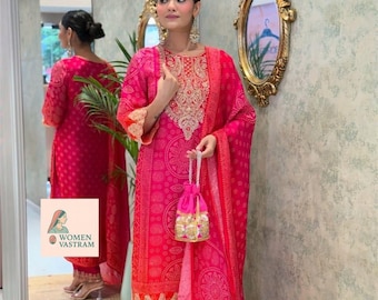 Pakistani Designer Salwar Kameez Readymade Suit & Dupatta, Women 3Pc Stitched Combo, Wedding Festival Wear Kurta Pant Set, Silk Salwar Suit