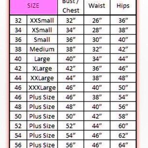 K&ouml;nnte beinhalten: Eine Gr&ouml;&szlig;entabelle f&uuml;r Damenkleider mit Ma&szlig;en in Zoll. Die Tabelle umfasst Gr&ouml;&szlig;en von XXSmall bis Plus Size 60 und gibt Brust-, Taillen- und H&uuml;ftma&szlig;e f&uuml;r jede Gr&ouml;&szlig;e an. Der Text "SIZE CHART - LADIES DRESSES" steht oben.