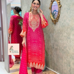 Pakistani Designer Salwar Kameez Readymade Suit & Dupatta, Women 3Pc Stitched Combo, Wedding Festival Wear Kurta Pant Set, Silk Salwar Suit