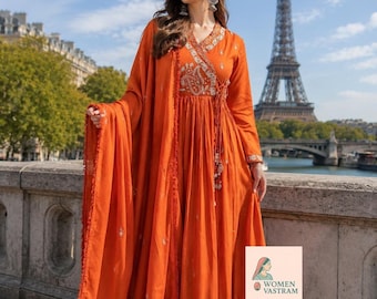 Schöne Orange Anarkali Kurta Hose mit Designer Dupatta Suit Sets, bestickter Salwar Kameez Fertiganzug, Diwali Festival Wear Kleidern