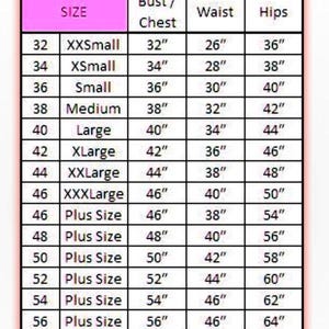 Puede incluir: Una tabla de tallas para vestidos de mujer, con medidas en pulgadas. La tabla incluye tallas desde XXSmall hasta Plus Size 60, detallando medidas de busto, cintura y cadera para cada talla. Fondo blanco.