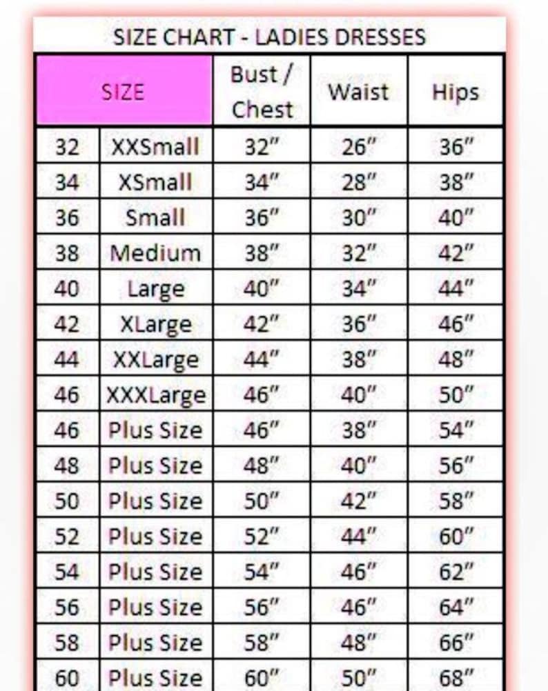 Puede incluir: Una tabla de tallas para vestidos de mujer, con medidas en pulgadas. La tabla incluye tallas desde XXSmall hasta Plus Size 60, detallando medidas de busto, cintura y cadera para cada talla. Fondo blanco.