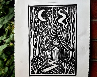 Original Linocut Pressing 'The Witch's Hovel'