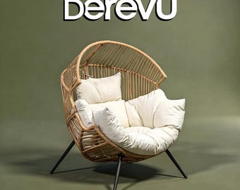Sedia a uovo Boho in vimini di grandi dimensioni per patio / Sedia sospesa per esterni / Altalena in rattan / Mobili da giardino per veranda / Arredamento Boho per patio