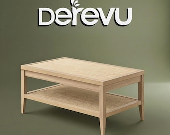 Mesa de centro rectangular de ratán de dos niveles para sala de estar, color beige, estilo bohemio, con almacenamiento.