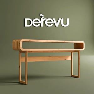 May include: A light-colored wooden console table with a rectangular top and open shelf. The table has a curved design and four straight legs. The word "Derevu" is displayed in white letters above the table.