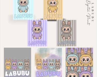 Labubu-geïnspireerde pastelkleurige konijnenmonster kunstprint | Kawaii digitale wanddecoratie (direct te downloaden)