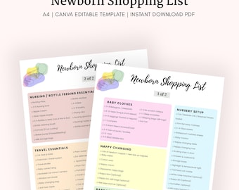 May include: Two printable newborn shopping lists with colorful headings and itemized lists. The lists include sections for baby clothes, nursery setup, and nursing essentials. The text "Newborn Shopping List" is at the top.