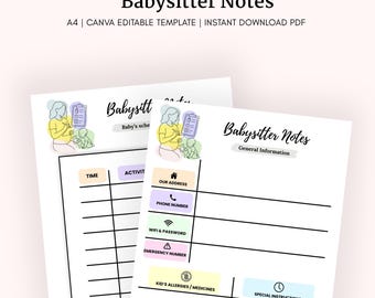 Babysitter Notes Printable | Babysitting Organizer | Childcare Information Sheet | Instant Download Babysitter Checklist