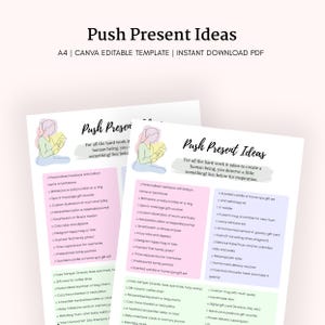 Könnte beinhalten: Zwei weiße, druckbare Vorlagen mit dem Titel "Push Present Ideas" in einem hellrosa und grünen Farbschema. Die Vorlagen listen Geschenkideen für frischgebackene Mütter auf, darunter Gutscheine für Spas, kuschelige Bademäntel und die Lieferung von Mahlzeiten nach Hause.