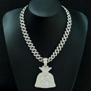 Ciondolo a forma di borsa porta soldi con catena cubana, ciondolo hip hop a forma di borsa da dollaro, regalo per lui e per lei.