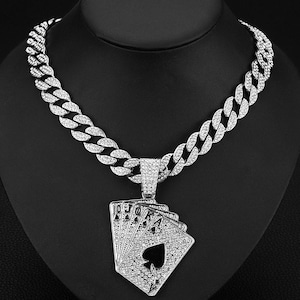 Pendentif carte à jouer hip-hop glacé avec chaîne à maillons cubaine, collier de rap de rue pour homme personnalisé