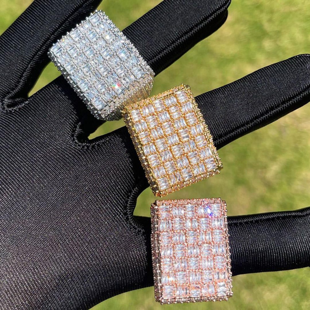 Baugette Rapper Ring Luxury Big Full Iced Out Baguette CZ Diamond Champion Ring, Custom Made ...