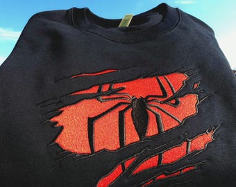 Embroidered Spiderman Crewneck Sweatshirt, Gothic Y2K Spider Design