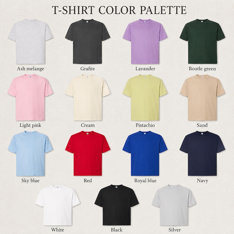 May include: A color palette of short-sleeved t-shirts in various colors, including ash melange, black, red, and navy. The text "T-SHIRT COLOR PALETTE" is at the top, with color names below each shirt.
