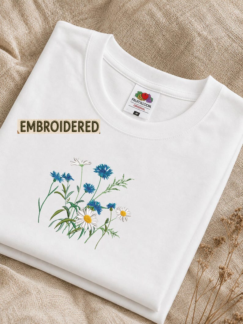 May include: A white t-shirt featuring an embroidered floral design of blue cornflowers and white daisies. The shirt has a crew neckline and a Fruit of the Loom label inside the collar with the size M. The word EMBROIDERED is printed in black.
