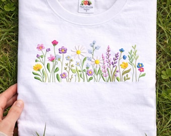 Wildflower Embroidered T-Shirt, Floral Embroidery Shirt, Cottagecore Top, Handmade Flower Tee, Nature Inspired Gift