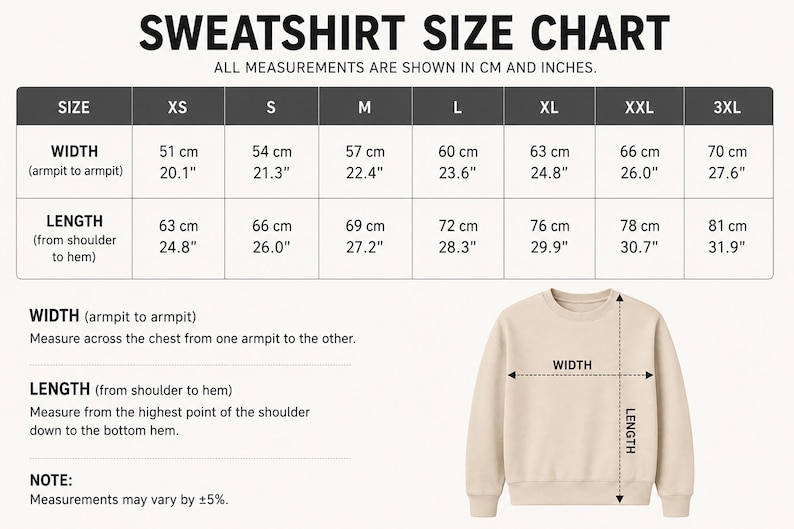 May include: A beige sweatshirt size chart with measurements in centimeters and inches. The chart shows width and length measurements for sizes XS to 3XL. The width ranges from 20.1" to 27.6", and the length ranges from 24.8" to 31.9".