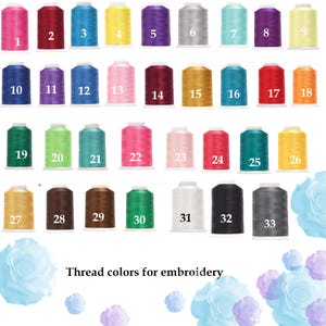 May include: A collection of 33 spools of embroidery thread in various colors, each labeled with a number. Colors include pinks, blues, greens, yellows, purples, and neutrals. The text "Thread colors for embroidery" is at the bottom.