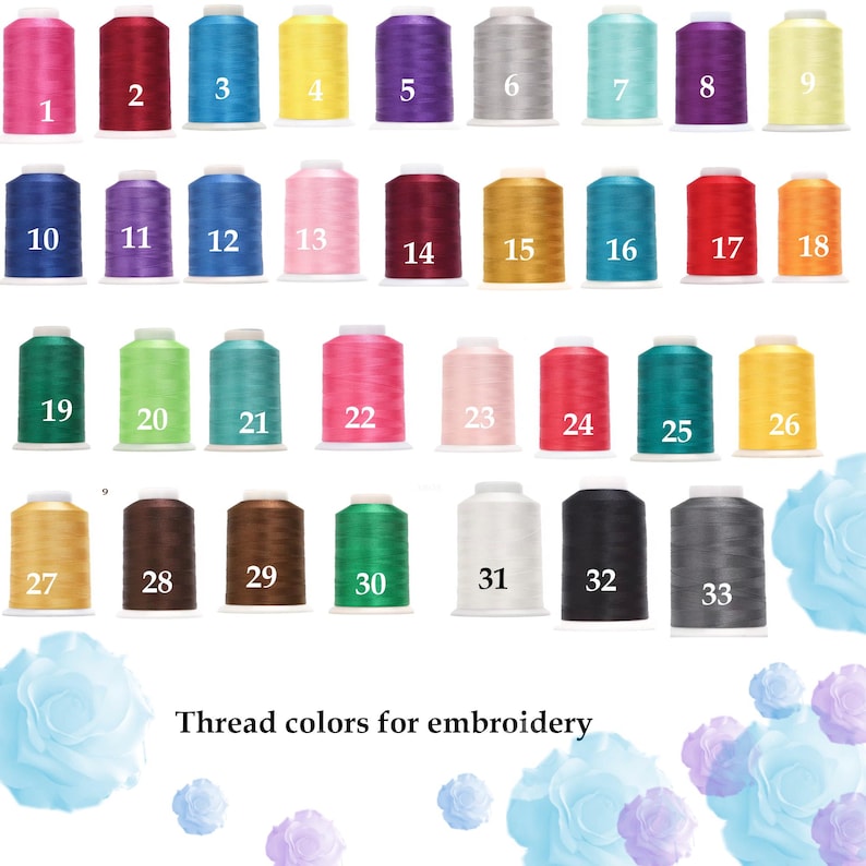 May include: A collection of 33 spools of embroidery thread in various colors, each labeled with a number. Colors include pinks, blues, greens, yellows, purples, and neutrals. The text "Thread colors for embroidery" is at the bottom.