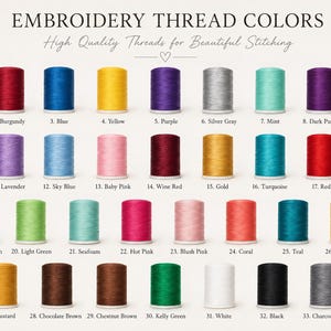 May include: A colour chart displaying 33 spools of embroidery thread arranged in rows. Each spool is numbered and labelled with its colour name, including pink, burgundy, blue, yellow, purple, silver grey, mint, dark purple, light yellow, royal blue, lavender, sky blue, baby pink, wine red, gold, turquoise, red, orange, emerald green, light green, seafoam, hot pink, blush pink, coral, teal, bright yellow, mustard, chocolate brown, chestnut brown, kelly green, white, black, and charcoal grey.
