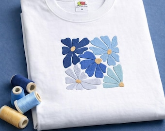 Embroidered Floral T-Shirt, Blue Daisy Boho Shirt, Minimalist Summer Tee, White Cotton Shirt, Gift for Her, Beach Outfit