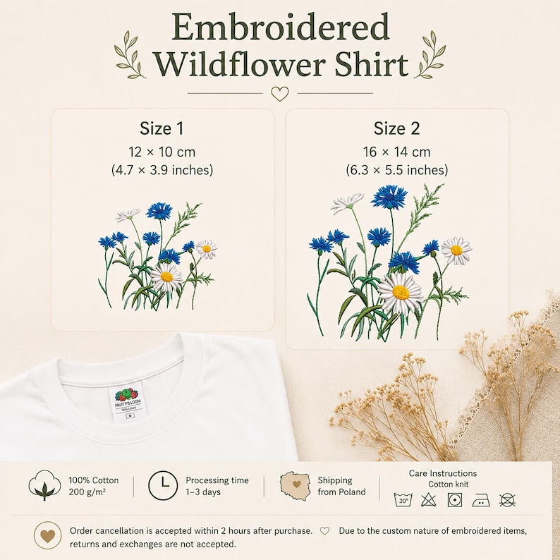 May include: A white t-shirt featuring an embroidered wildflower design. The image displays two size options: Size 1 at 4.7 x 3.9 inches and Size 2 at 6.3 x 5.5 inches. The embroidery depicts blue cornflowers and white daisies with green stems.