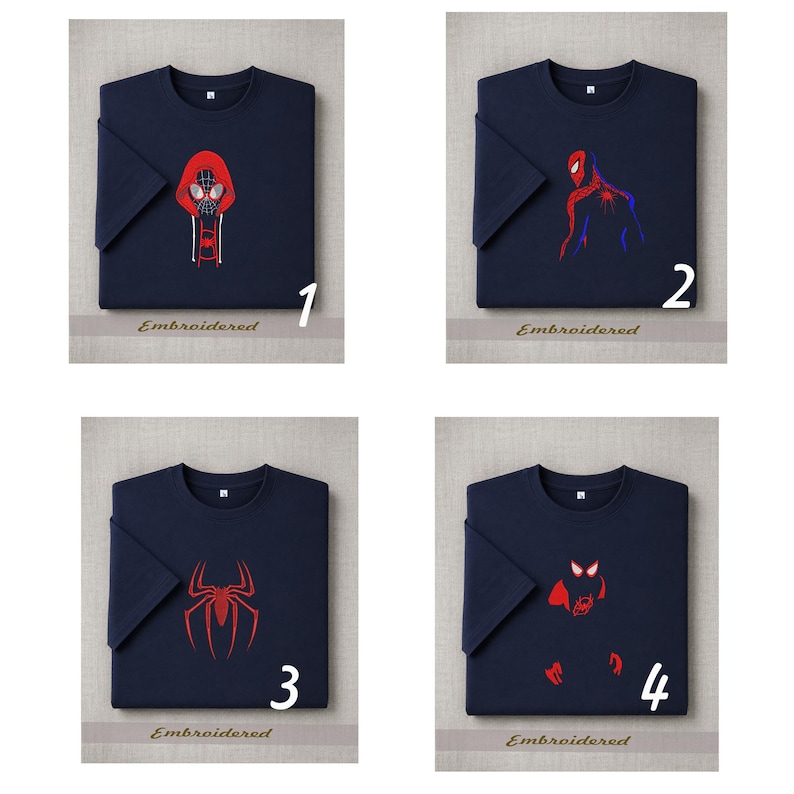 May include: Four navy blue t-shirts with different Spider-Man designs. Each shirt features a unique red and white graphic of the superhero. The word "Embroidered" is printed below each shirt, with a number from 1 to 4.