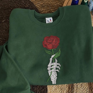 Skeleton Hand Rose Embroidered Sweatshirt | Gothic Crewneck | Dark Academia Sweatshirt | Gothic Gift image 1