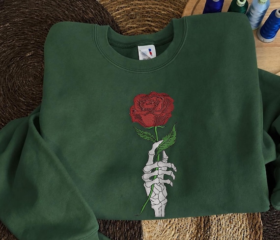 Skeleton Hand Rose Embroidered Sweatshirt | Gothic Crewneck | Dark Academia Sweatshirt | Gothic Gift