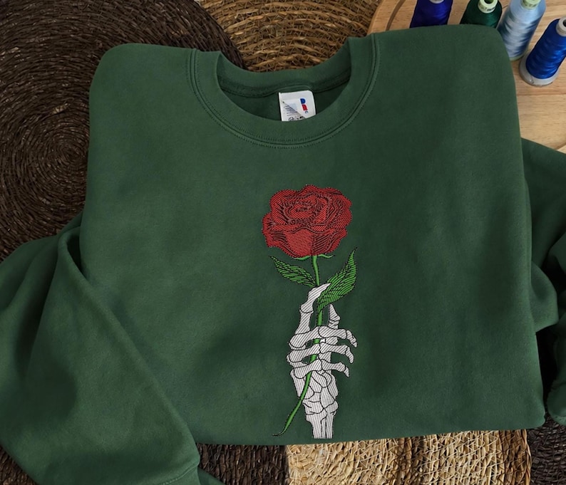 Skeleton Hand Rose Embroidered Sweatshirt | Gothic Crewneck | Dark Academia Sweatshirt | Gothic Gift image 1