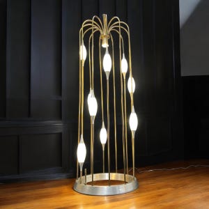 Vintage Lightolier Gold Colored Metal Waterfall Cage Lamp with New Glass Diffusers