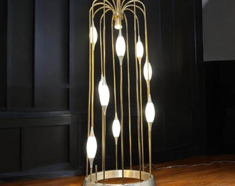 Vintage Lightolier Gold Colored Metal Waterfall Cage Lamp with New Glass Diffusers