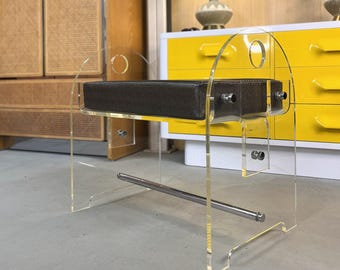 Lucite Vanity Stool Kruk of Bank Bench with New Faux Snakeskin Upholstery