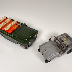 Pair of Vintage Toy Jeeps Open Car 1960s and Metal 1940s Military Jeep