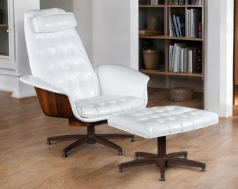 Restored George Mulhauser Style White Tufted Tilt and Swivel Chair with Ottoman