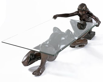 C. Conndray Bronze Figural Sculpture Coffee Table with Glass Top