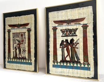 Pair of Vintage Egyptian Paintings on Papyrus Nefertiti and 3 Female Musicians