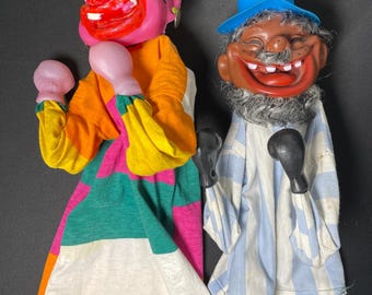 Pair of Vintage Boxing Hand Puppets Asian Man and Clown