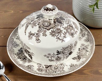 Wedgwood Asiatic Pheasants Ceramic White and Brown Butter Dish