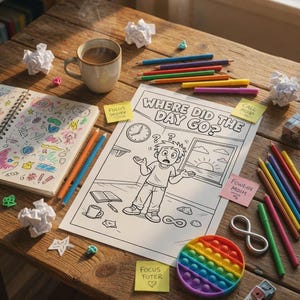 Puede incluir: Un escritorio de madera con una taza de caf&eacute;, l&aacute;pices de colores, una p&aacute;gina para colorear con el texto "WHERE DID THE DAY GO?", un cuaderno, notas adhesivas, un juguete pop-it y papel arrugado.